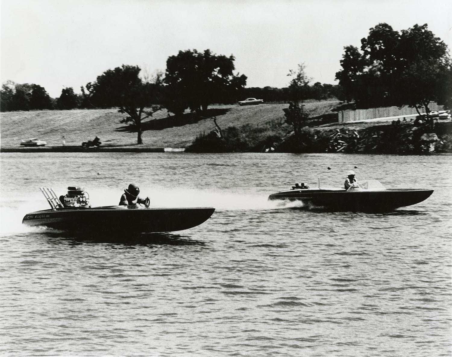 Two drag boats racing during the 1970 Austin Aqua Festival championships